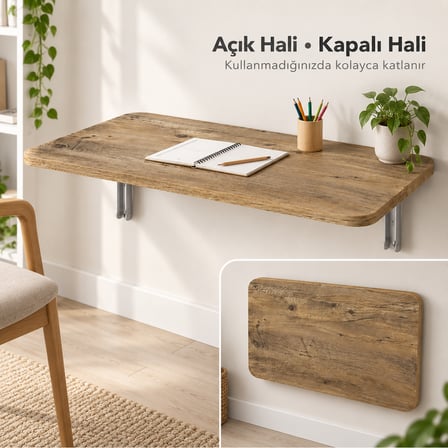 Montessori Masa 90x50 cm Katlanabilir Duvar Masası Çocuk Çalışma ve Aktivite Masası Ceviz Renk Sunta Tabla