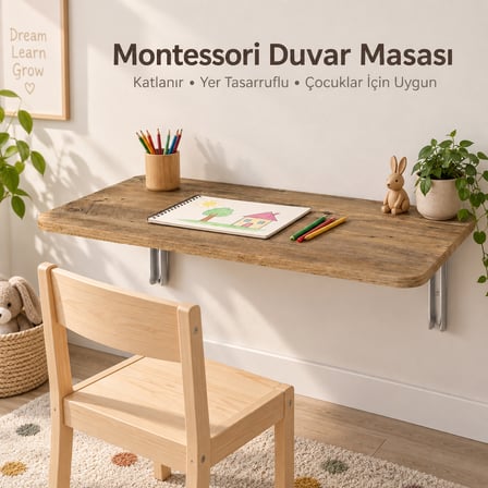 Montessori Masa 90x50 cm Katlanabilir Duvar Masası Çocuk Çalışma ve Aktivite Masası Ceviz Renk Sunta Tabla