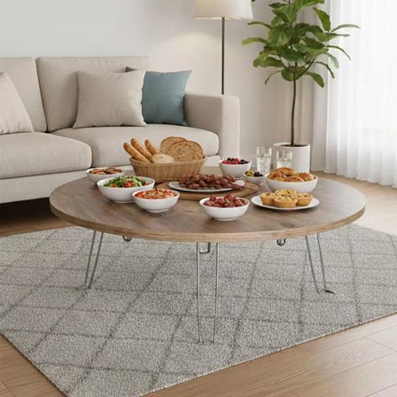 90 cm Çap Ahşap Desenli ve Düz Seçenekli Katlanabilir Yer Sofrası – Oyun Masası | 22 cm