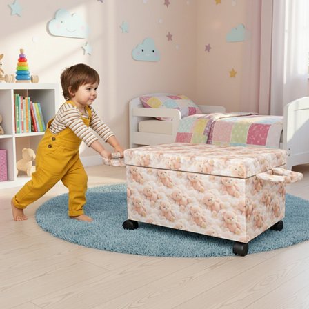 Ayıcık Figürlü Tekerlekli Oyuncak Sandığı/Pufu – Kapaklı Çocuk Odası Saklama Kutusu - Çocuk Pufu