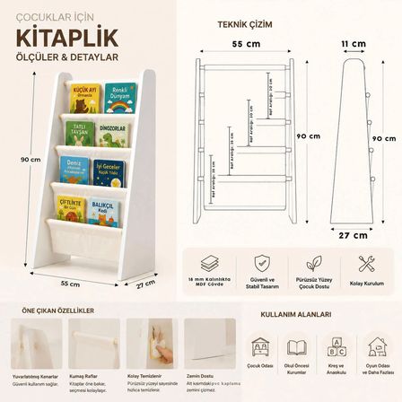 Montessori Çocuk Kitaplığı - Büyük Boy Ahşap Kitap Rafı - Yıkanabilir Paraşüt Kumaş Raflı - Çocuk Odası Kitap Düzenleyici