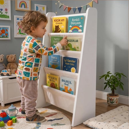 Montessori Çocuk Kitaplığı - Büyük Boy Ahşap Kitap Rafı - Yıkanabilir Paraşüt Kumaş Raflı - Çocuk Odası Kitap Düzenleyici
