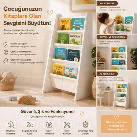 Montessori Çocuk Kitaplığı - Büyük Boy Ahşap Kitap Rafı - Yıkanabilir Paraşüt Kumaş Raflı - Çocuk Odası Kitap Düzenleyici