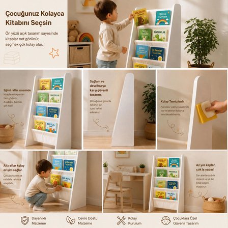Montessori Çocuk Kitaplığı - Büyük Boy Ahşap Kitap Rafı - Yıkanabilir Paraşüt Kumaş Raflı - Çocuk Odası Kitap Düzenleyici