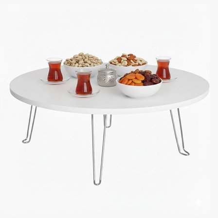 Ratemo Parlak Beyaz Katlanır Yer Sofrası – 22 cm Yükseklik | 75-80-90 cm Çap Seçenekli