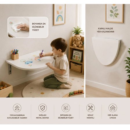 Montessori Katlanabilir Duvar Masası Çocuk Aktivite Masası | Açılır Kapanır Çalışma Masası | Kalem Boya Silinebilir Yüzey | 78 cm Beyaz Duvar Masası, Montessori Masa