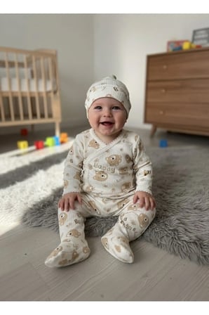 Hediyelik Bebek Yenidoğan Hastene Çıkışı Bereli Uzun kol Çocuk Baskılı Pamuk Alt Üst Takım