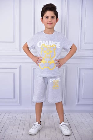 Unisex Change baskılı çocuk kısa kol yazlık beli lastikli cepli şort alt üst takım