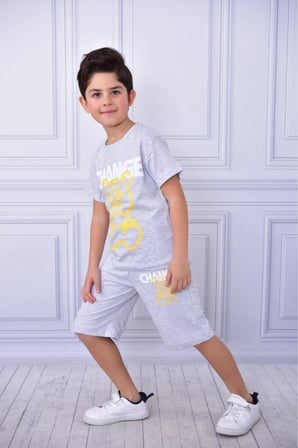 Unisex Change baskılı çocuk kısa kol yazlık beli lastikli cepli şort alt üst takım
