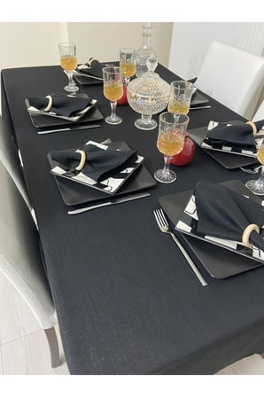 Zeren Home Elite Masa Örtüsü + Runner Takım | Lekeye Dayanıklı Simli Siyah