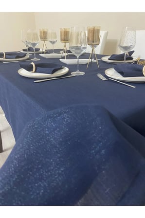 Zeren Home Elite Masa Örtüsü + Runner Takım | Lekeye Dayanıklı Simli Lacivert