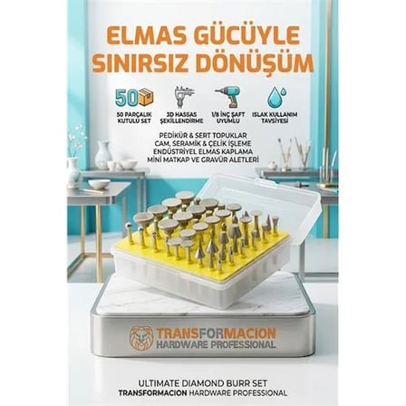 50 Parça Elmas Uçlu Döner Törpü Ve Freze Seti - Pedikür Nasır, Topuk, Cam Ve Taş İşleme Uçları 72315