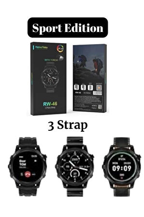 RW 46 Large Amoled Sport Watch With Torch Black Edition Wireless Charge 3 Strap Premium Series