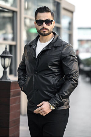 Yeni Sezon Erkek Baharlık Düğmeli İtalyan Kesim  Deri Ceket