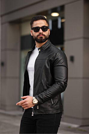 Erkek Premium Kolları ve Cepleri Fermuar Detaylı Yakası Çıtçıtlı Mevsimlik Deri Ceket