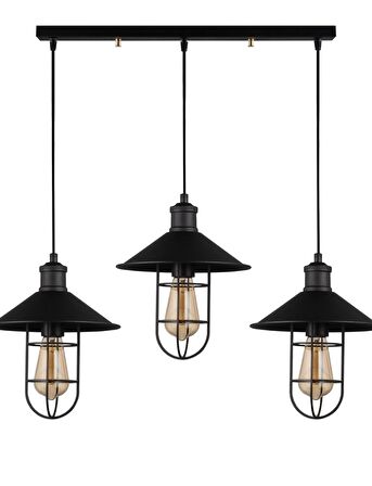 Rys Retro Metal Siyah Kafesli 3 lü Masa Üstü Sıralı Sarkıt Avize 60 cm