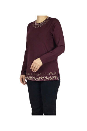 KADIN YAKA ETEK İŞLEME VE TAŞLI MEVSİMLİK NERGİS BLUZ