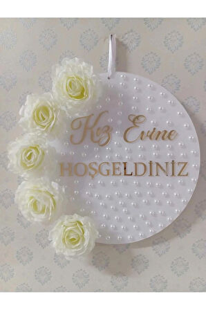 Şeffaf Gold Pleksili Kız Evine Hoşgeldiniz İncili Güllü Kapı Süsü Duvar Dekoru