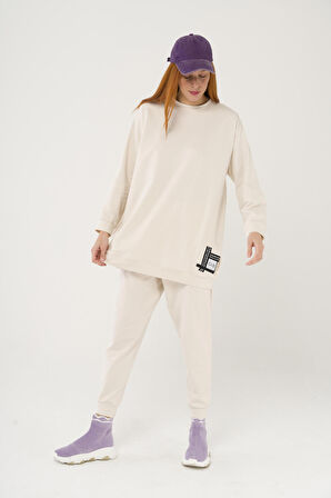 
S-3991 Slogan Nakışlı Basic Oversize Sweatshirt Takım