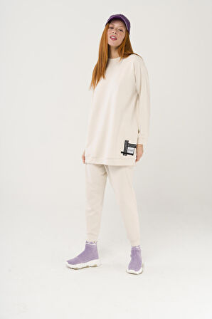 
S-3991 Slogan Nakışlı Basic Oversize Sweatshirt Takım