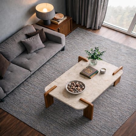 Traverten Orta Sehpa Modern Ceviz Ayaklı Dikdörtgen Doğal Taş görünüm Salon Sehpası Premium Tasarım
