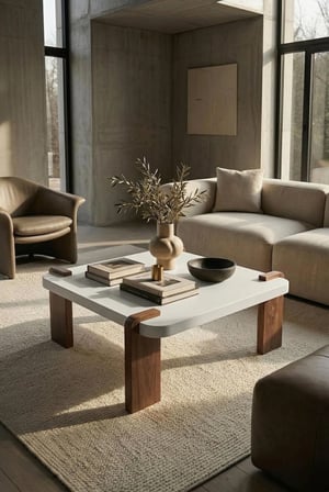 Modern Orta Sehpa Beyaz Üst Tablalı Ahşap Ayaklı Şık Tasarım Salon Sehpası