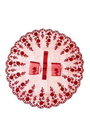 Lazer Güllü Simli Gelin Duvağı Gelin Yüz Örtüsü 4 Parça Kırmızı