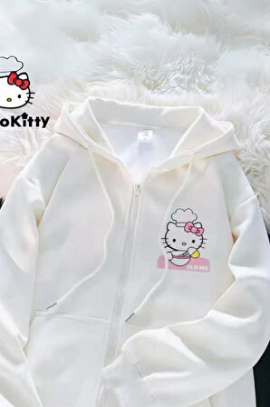 Beyaz Hello Kitty Collage Kapüşonlu Sweatshirt