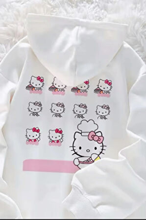 Beyaz Hello Kitty Collage Kapüşonlu Sweatshirt