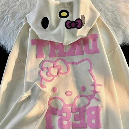 Köstebek Ekru Hello Kitty DKHT Best Fermuarlı (Unisex) Kapüşonlu Sweatshirt