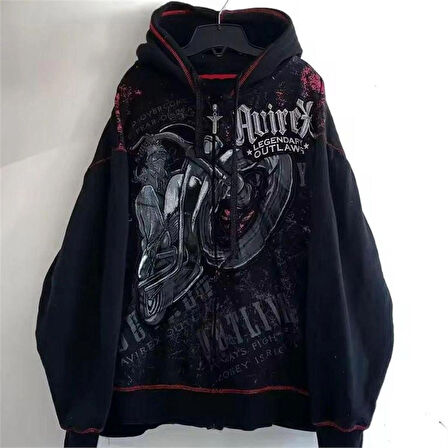 Köstebek Siyah Gothic Legendary Outlaws Cyber Grunge Fermuarlı Kapüşonlu Sweatshirt