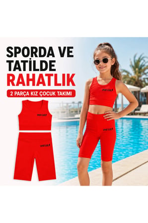 Kız Çocuk Neon Kırmızı Crop Üst ve Uzun Şortlu Mayo Takımı - 2 Parça