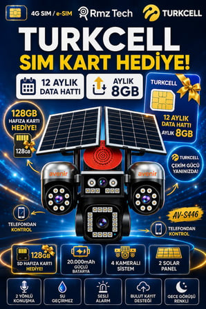 Avenir S446 4 Kameralı Telefondan 3 Dönebilir Güneş Enerjili Güvenlik - AOV 7/24 Türkcell Sim Kart 1 Yıl Her Ay 8GB 128 Hafıza Hediye