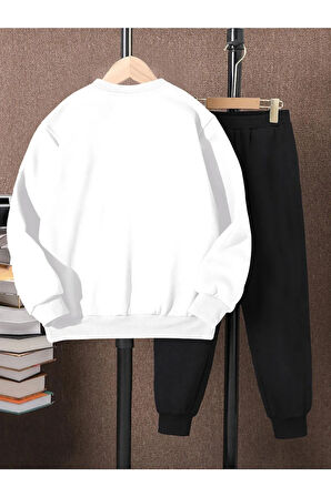Üst Beyaz Alt Siyah Baskılı Kız/erkek Oversize Sweatsihrt &