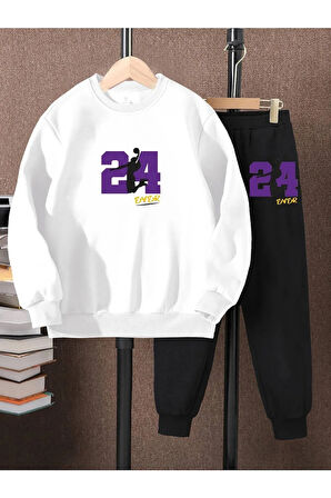Üst Beyaz Alt Siyah Baskılı Kız/erkek Oversize Sweatsihrt &