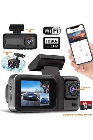 Eco Lounge CC38 Üç Kameralı Araç İçi Kamera 64 GB Hafıza Kartlı Wifi 170 Derece Ön Kamera FHD