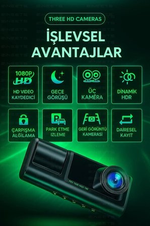 Eco Lounge Wifi 1080p Araç İçi 3 Kameralı Lcd Ekranlı Gece Görüşlü G-sensör Geri Görüş Kamera 64GB Hafıza Kartlı