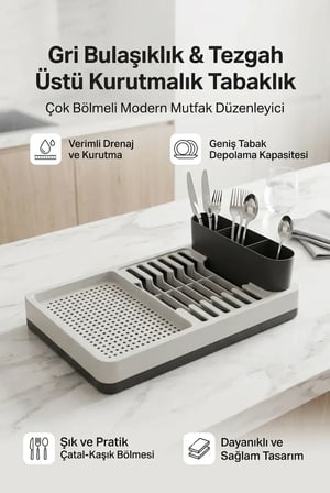 Gri Bulaşıklık Tabaklık Bardaklık Kaşıklık Tezgah Üstü Mutfak Organizeri Standı