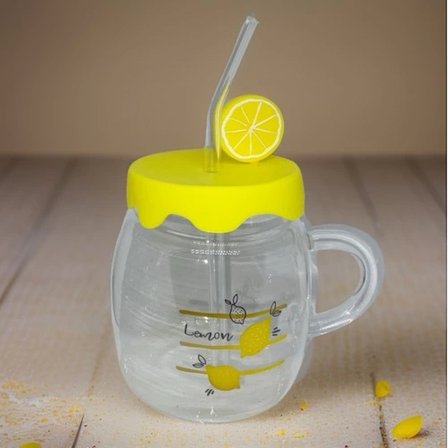 Eco Lounge Limon Tasarımlı Cam Meşrubat Bardağı 450 ml Pipetli Sarı