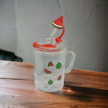 Eco Lounge Karpuz Desenli Kupa Bardak 400 ml Cam Pipetli Kapaklı
