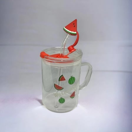 Eco Lounge Karpuz Desenli Kupa Bardak 400 ml Cam Pipetli Kapaklı