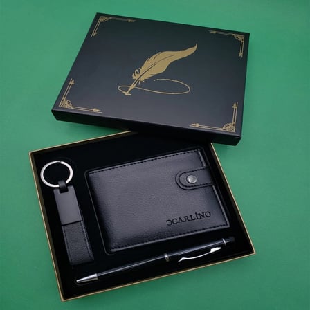 Eco Lounge Hediye Seti Siyah Deri Cüzdan Anahtarlık ve Touchpen Kalem Kutulu