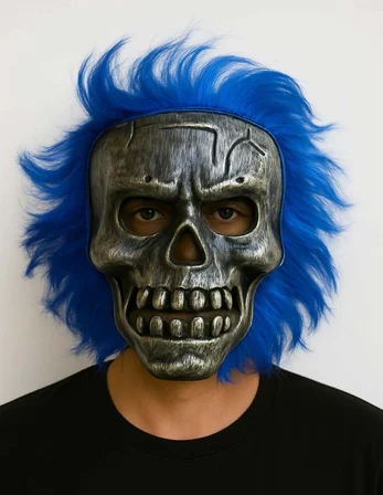 Eco Lounge Wild Skull İskelet Maske Gümüş Renk Mavi Saçlı Kostüm Aksesuarı