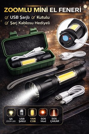 Eco Lounge El Feneri USB Şarjlı Zoomlu Mini Q5 COB LED SOS Mod Kutulu Şarj Kablolu Set