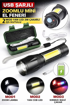 Eco Lounge USB Şarjlı Zoomlu Mini El Feneri Q5 LED 3 Mod COB Yan Işık Çakar Kutulu