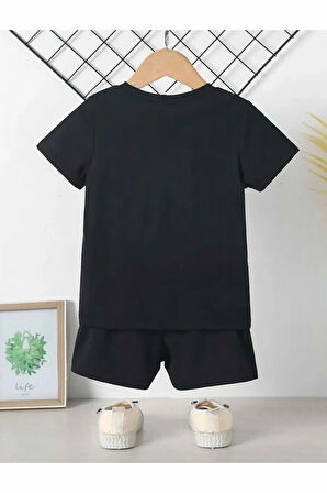 Erkek/Kız Çocuk pençeli kartal  Baskılı Siyah Beyaz Tshirt Şort Takım
