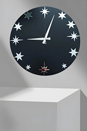  Kutup Yıldızı Dekor Ahşap Mdf Üzerine Gümüş Renk Aynalı Pleksi Dekor Duvar Saati Dekorasyon