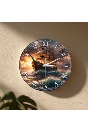 KORSAN GEMİ Temalı Dekoratif Duvar Saati – 33 cm UV Baskılı MDF Duvar Saati
