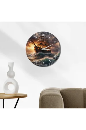 KORSAN GEMİ Temalı Dekoratif Duvar Saati – 33 cm UV Baskılı MDF Duvar Saati