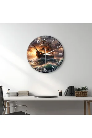 KORSAN GEMİ Temalı Dekoratif Duvar Saati – 33 cm UV Baskılı MDF Duvar Saati
